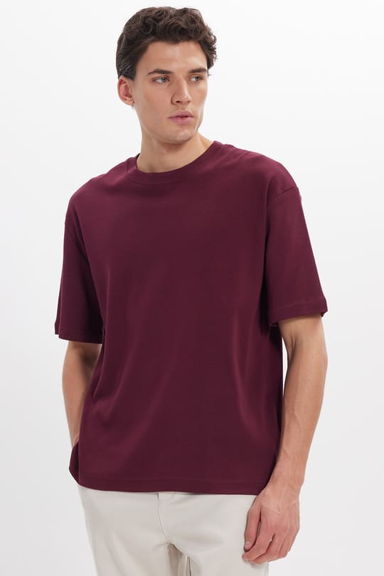 Unisex Oversize Geniş Kesim %100 Pamuk Yumuşak Dokulu Basic Bisiklet Yaka Bordo Tişört