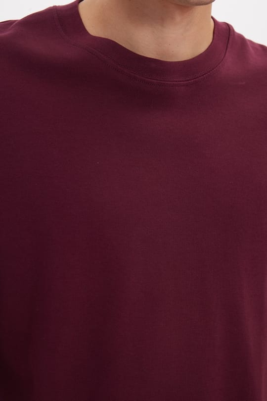 Unisex Oversize Geniş Kesim %100 Pamuk Yumuşak Dokulu Basic Bisiklet Yaka Bordo Tişört
