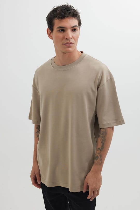 Unisex Oversize Geniş Kesim %100 Pamuk Yumuşak Dokulu Basic Bisiklet Yaka Bej Tişört