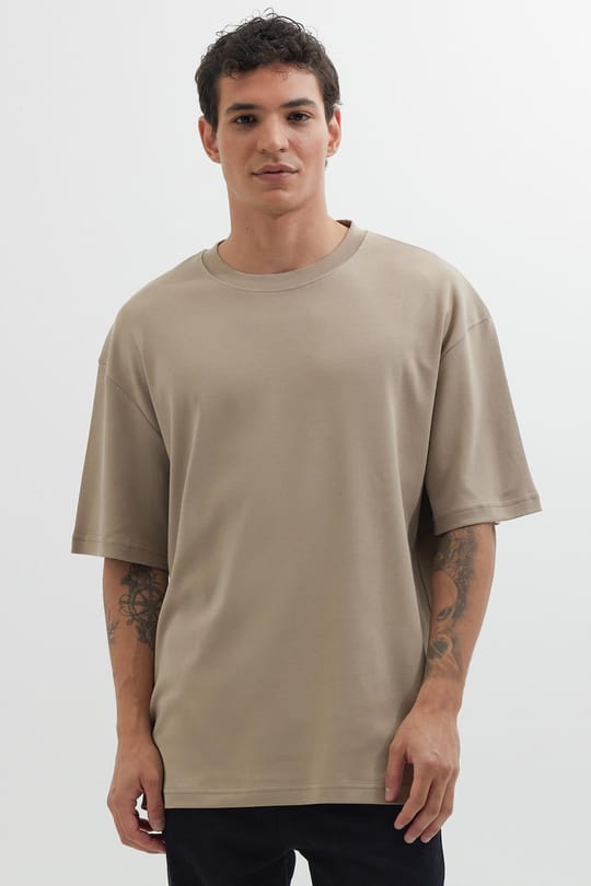 Unisex Oversize Geniş Kesim %100 Pamuk Yumuşak Dokulu Basic Bisiklet Yaka Bej Tişört
