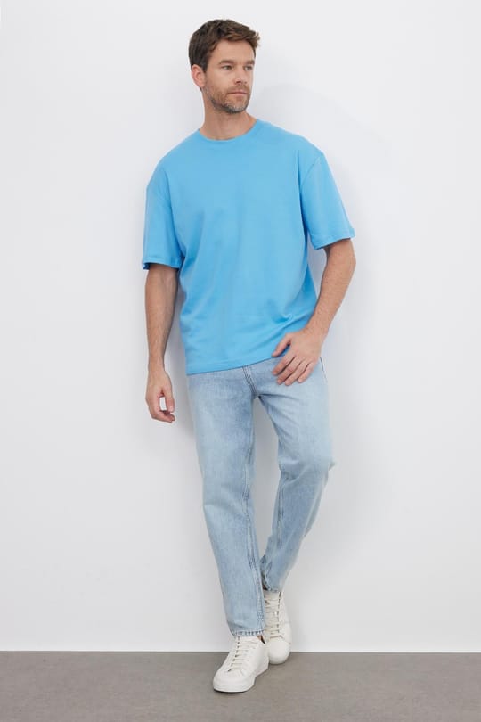 Unisex Oversize Geniş Kesim %100 Pamuk Yumuşak Dokulu Basic Bisiklet Yaka Mavi Tişört