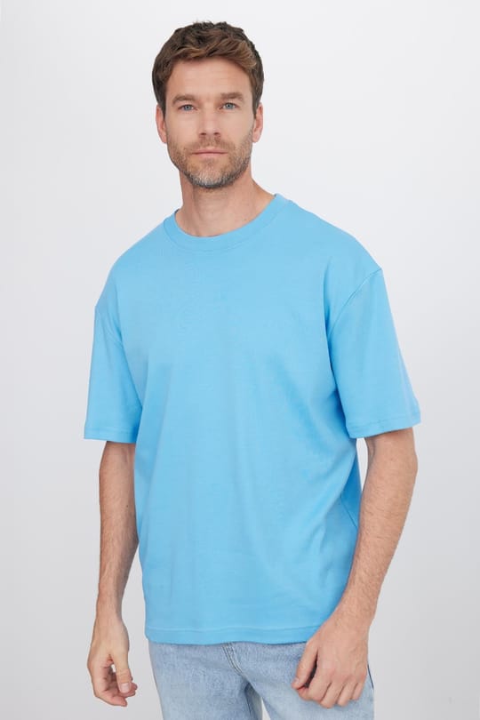 Unisex Oversize Geniş Kesim %100 Pamuk Yumuşak Dokulu Basic Bisiklet Yaka Mavi Tişört