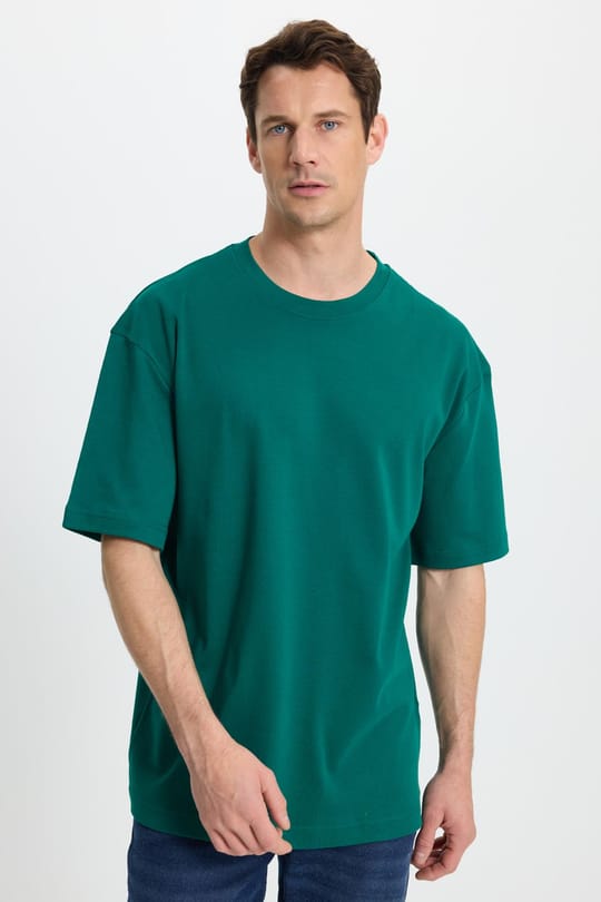 Unisex Oversize Geniş Kesim %100 Pamuk Yumuşak Dokulu Basic Bisiklet Yaka Yeşil Tişört