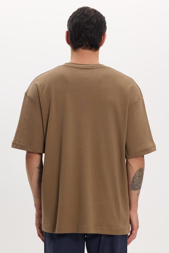 Unisex Oversize Geniş Kesim %100 Pamuk Yumuşak Dokulu Basic Bisiklet Yaka Kahverengi Tişört