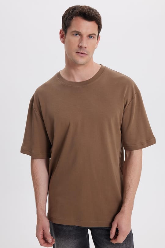 Unisex Oversize Geniş Kesim %100 Pamuk Yumuşak Dokulu Basic Bisiklet Yaka Kahverengi Tişört