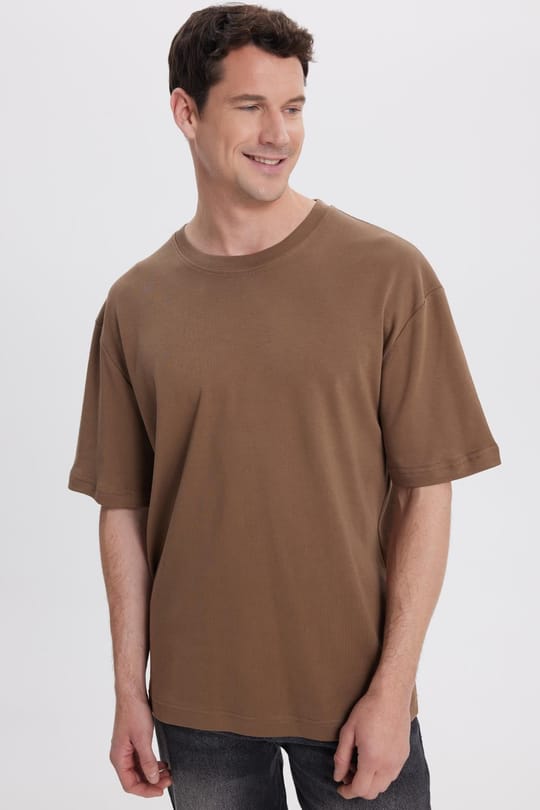 Unisex Oversize Geniş Kesim %100 Pamuk Yumuşak Dokulu Basic Bisiklet Yaka Kahverengi Tişört