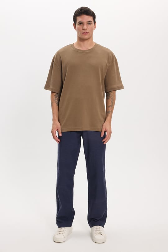 Unisex Oversize Geniş Kesim %100 Pamuk Yumuşak Dokulu Basic Bisiklet Yaka Kahverengi Tişört