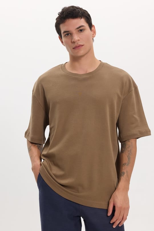 Unisex Oversize Geniş Kesim %100 Pamuk Yumuşak Dokulu Basic Bisiklet Yaka Kahverengi Tişört