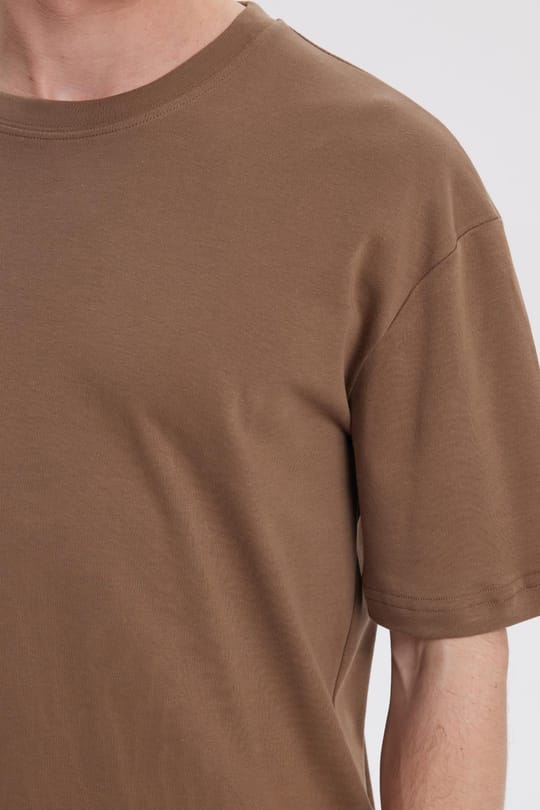 Unisex Oversize Geniş Kesim %100 Pamuk Yumuşak Dokulu Basic Bisiklet Yaka Kahverengi Tişört