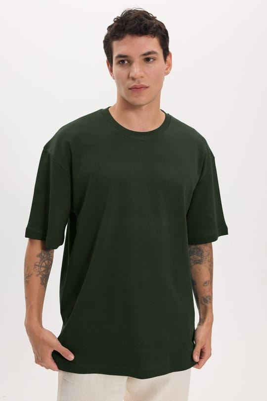 Unisex Oversize Geniş Kesim %100 Pamuk Yumuşak Dokulu Basic Bisiklet Yaka Haki Tişört