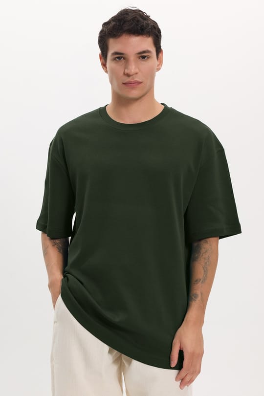 Unisex Oversize Geniş Kesim %100 Pamuk Yumuşak Dokulu Basic Bisiklet Yaka Haki Tişört
