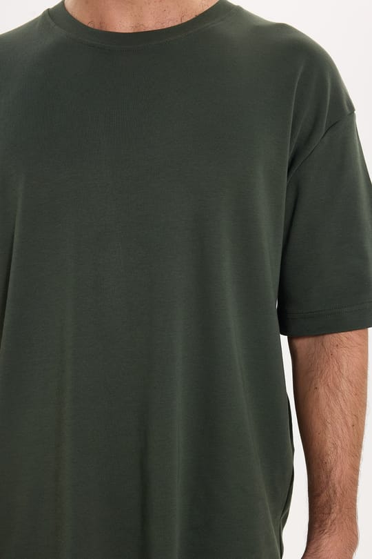 Unisex Oversize Geniş Kesim %100 Pamuk Yumuşak Dokulu Basic Bisiklet Yaka Haki Tişört