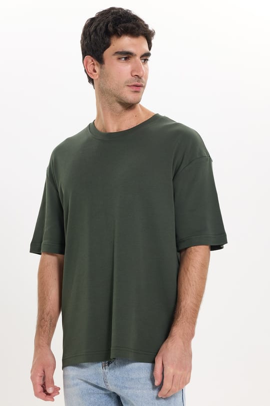 Unisex Oversize Geniş Kesim %100 Pamuk Yumuşak Dokulu Basic Bisiklet Yaka Haki Tişört
