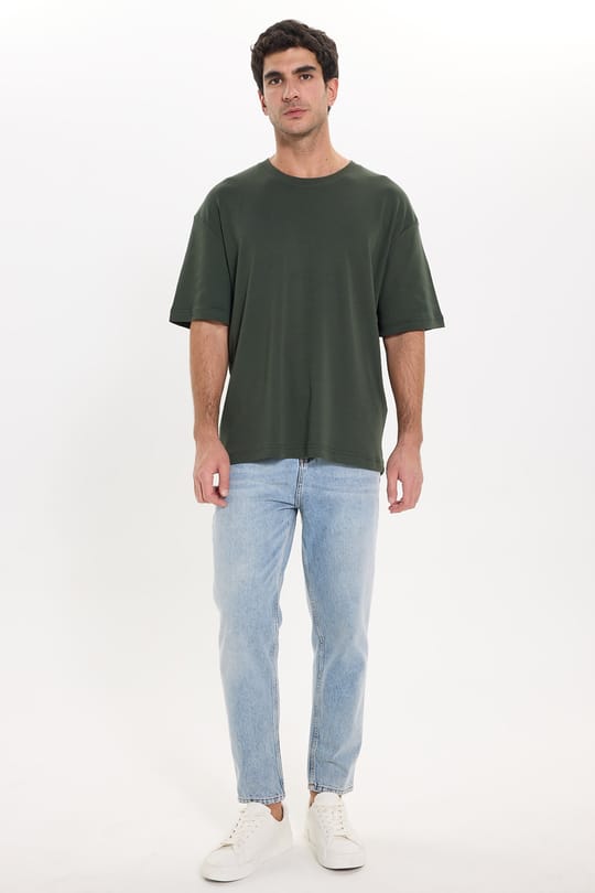 Unisex Oversize Geniş Kesim %100 Pamuk Yumuşak Dokulu Basic Bisiklet Yaka Haki Tişört