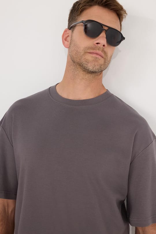 Unisex Oversize Geniş Kesim %100 Pamuk Yumuşak Dokulu Basic Bisiklet Yaka Füme Tişört