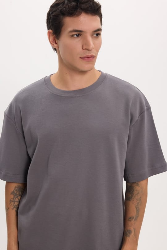 Unisex Oversize Geniş Kesim %100 Pamuk Yumuşak Dokulu Basic Bisiklet Yaka Füme Tişört