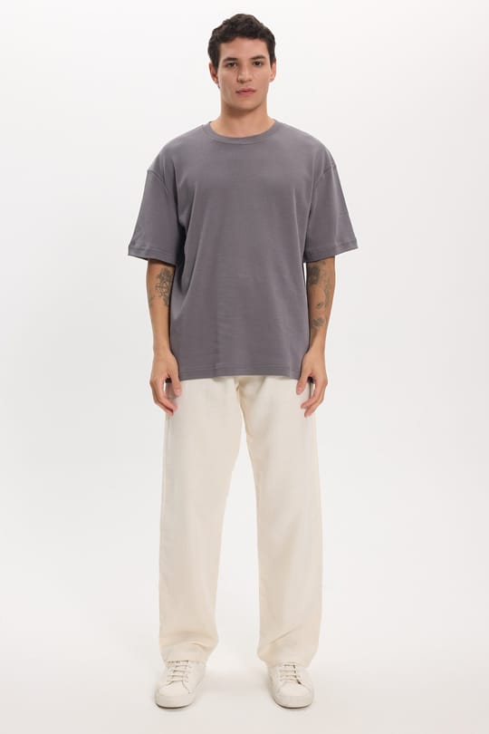 Unisex Oversize Geniş Kesim %100 Pamuk Yumuşak Dokulu Basic Bisiklet Yaka Füme Tişört