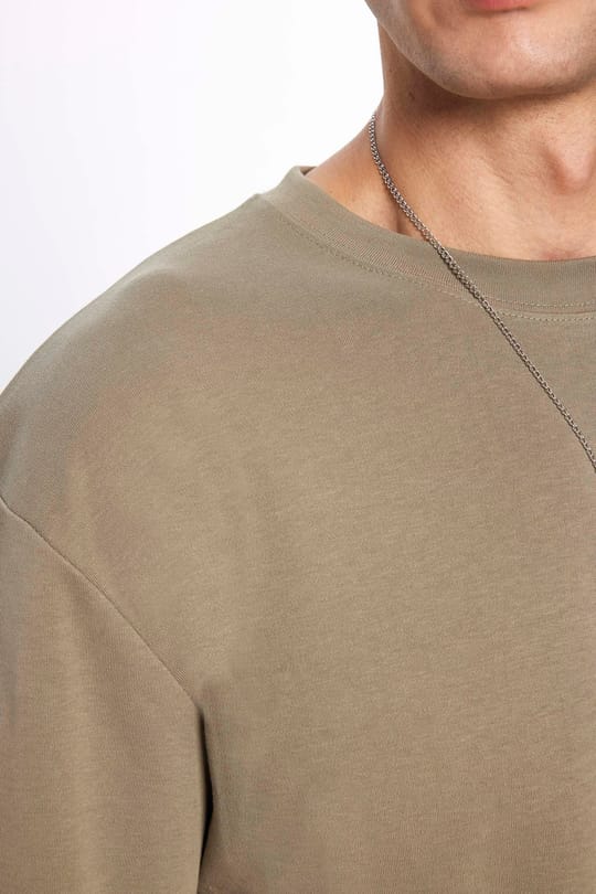 Unisex Oversize Geniş Kesim %100 Pamuk Yumuşak Dokulu Basic Bisiklet Yaka Haki Tişört