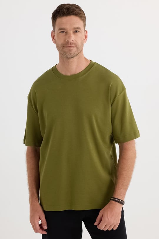Unisex Oversize Geniş Kesim %100 Pamuk Yumuşak Dokulu Basic Bisiklet Yaka Haki Tişört