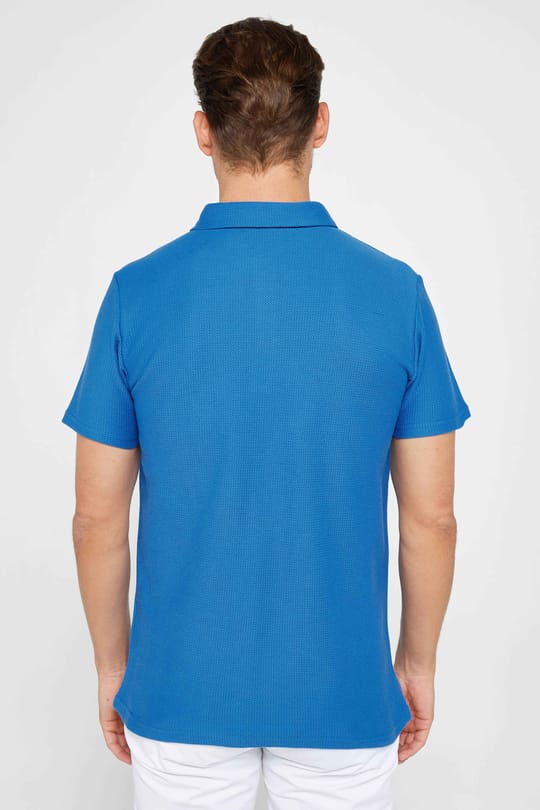Erkek Slim Fit Dar Kesim %100 Pamuk Armürlü Sax Mavi Polo Yaka Tişört