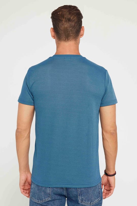 Erkek Slim Fit Dar Kesim Esnek Kumaş Örme Bisiklet Yaka İndigo Tişört