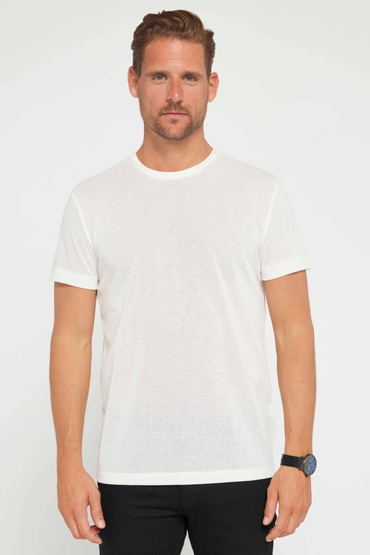 Erkek Slim Fit Dar Kesim Esnek Kumaş Örme Bisiklet Yaka Beyaz Tişört