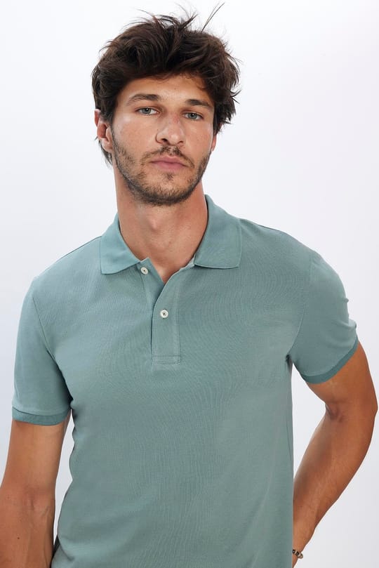 Erkek Slim Fit Dar Kesim %100 Pamuk Yumuşak Dokulu Düz Pike Yeşil Polo Yaka Tişört