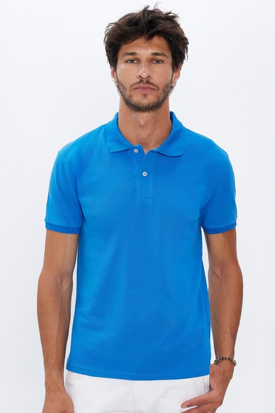 Erkek Slim Fit Dar Kesim %100 Pamuk Yumuşak Dokulu Düz Pike Saks Mavi Polo Yaka Tişört