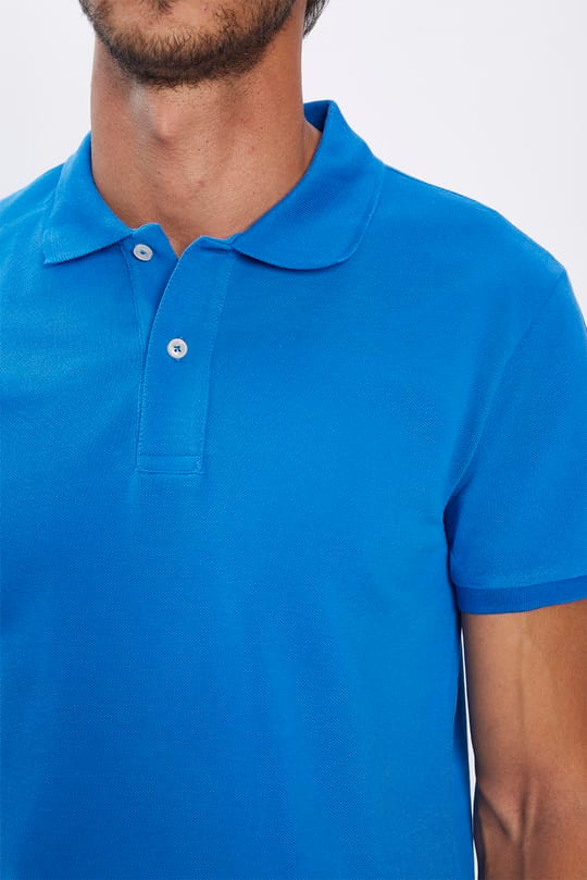 Erkek Slim Fit Dar Kesim %100 Pamuk Yumuşak Dokulu Düz Pike Saks Mavi Polo Yaka Tişört