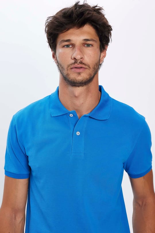 Erkek Slim Fit Dar Kesim %100 Pamuk Yumuşak Dokulu Düz Pike Saks Mavi Polo Yaka Tişört