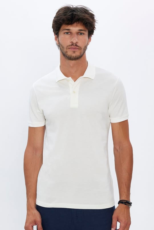 Erkek Slim Fit Dar Kesim %100 Pamuk Yumuşak Dokulu Düz Pike Ekru Polo Yaka Tişört