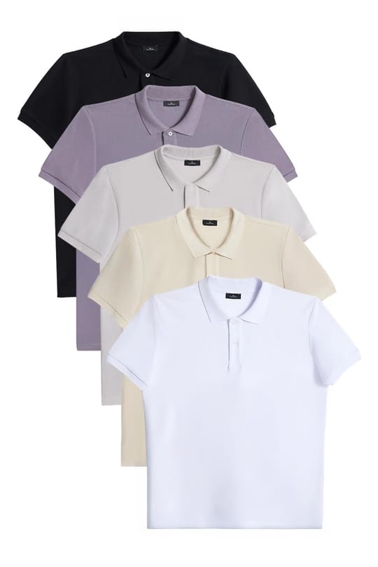 Erkek 5'li Paket Siyah-Beyaz-Ekru-Taş-Gri Slim Fit Dar Kesim Pamuklu Düz Pike Polo Yaka Tişört