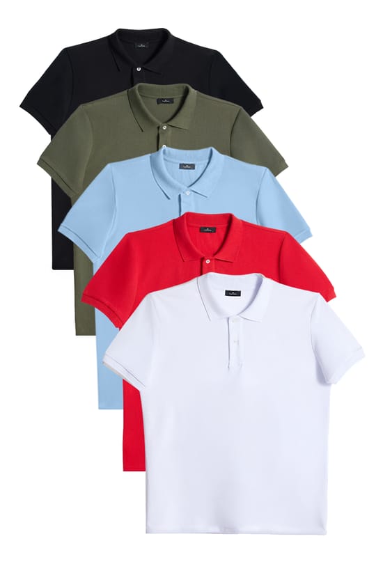 Erkek 5'li Paket Siyah-Gri-Beyaz-Haki-Bordo Slim Fit Dar Kesim Pamuklu Düz Pike Polo Yaka Tişört