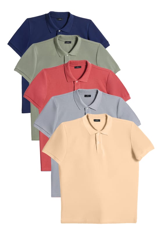 Erkek 5'li Paket Siyah-Gri-Beyaz-Haki-Bordo Slim Fit Dar Kesim Pamuklu Düz Pike Polo Yaka Tişört