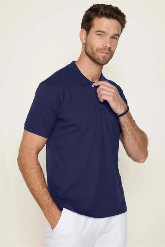 Erkek 5li Paket Lacivert-Haki-Kiremit-Gri-Bej Slim Fit Dar Kesim Pamuklu Düz Pike Polo Yaka Tişört