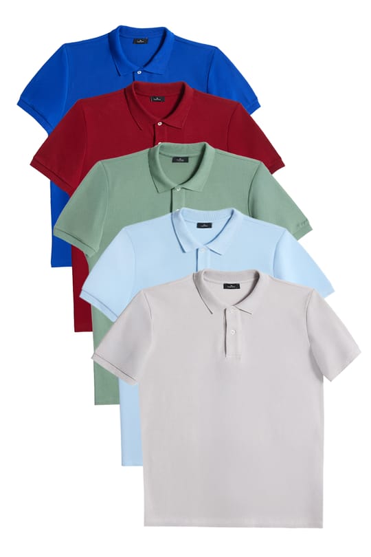 Erkek 5'li Paket Siyah-Gri-Beyaz-Haki-Bordo Slim Fit Dar Kesim Pamuklu Düz Pike Polo Yaka Tişört