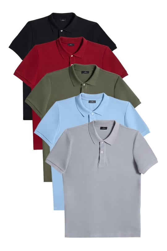 Erkek 5'li Paket Siyah-Gri-Beyaz-Haki-Bordo Slim Fit Dar Kesim Pamuklu Düz Pike Polo Yaka Tişört