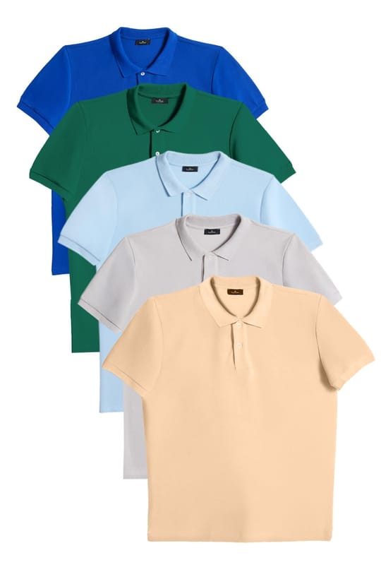 Erkek 5'li Paket Siyah-Gri-Beyaz-Haki-Bordo Slim Fit Dar Kesim Pamuklu Düz Pike Polo Yaka Tişört