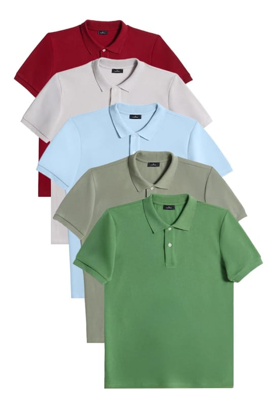Erkek 5li Paket Bordo-Gri-Mavi-Haki-Çimen Yeşili Slim Fit Pamuklu Düz Pike Polo Yaka Tişört