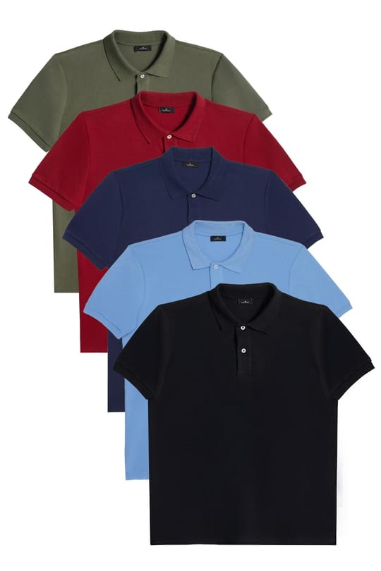 Erkek 5li Paket Haki-Yeşil-Lacivert-Mavi-Siyah Slim Fit Dar Kesim Pamuklu Düz Polo Yaka Tişört