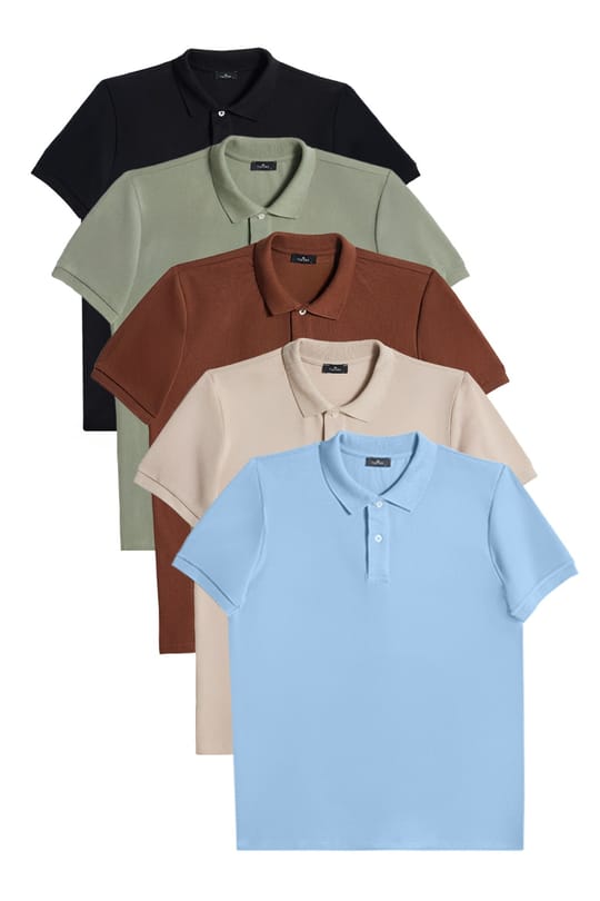Erkek 5li Paket Siyah-Yeşil-Kahverengi-Mavi-Vizon Slim Fit Dar Kesim Pamuklu Düz Pike Polo Yaka Tişört
