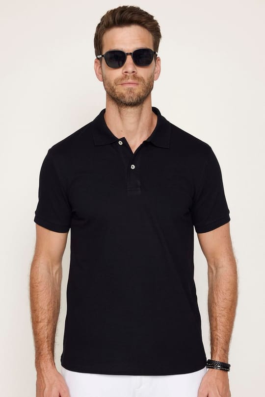 Erkek 5li Paket Siyah-Kahverengi-Gri-Lacivert-Petrol Slim Fit Dar Kesim Pamuklu Düz Pike Polo Yaka Tişört