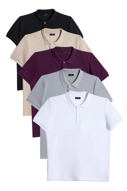 Erkek 5li Paket Siyah-Taş-Gri-Mor-Beyaz Slim Fit Dar Kesim Pamuklu Düz Pike Polo Yaka Tişört