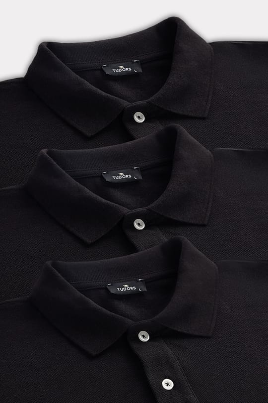 Erkek 3lü Paket Siyah Slim Fit Dar Kesim Pamuklu Düz Pike Polo Yaka Tişört