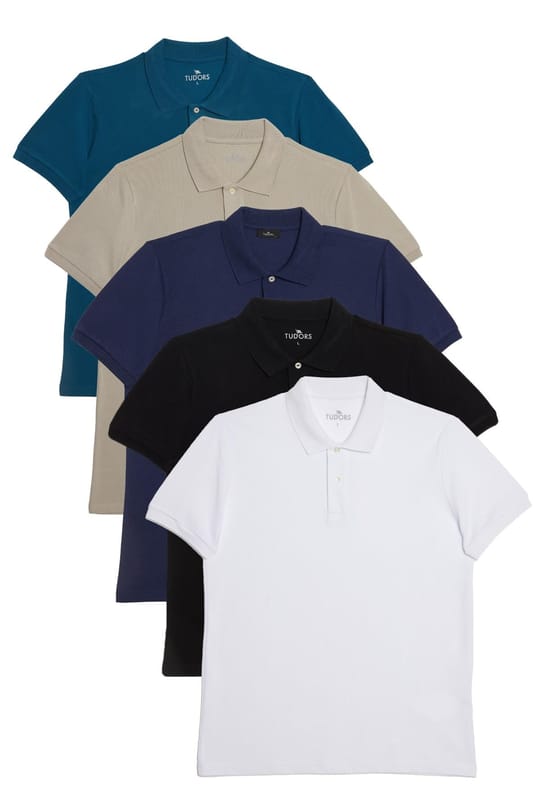 Erkek 5'li Paket Beyaz-Siyah-Lacivert-Haki-Mavi Slim Fit %100 Pamuk Düz Pike Polo Yaka Tişört