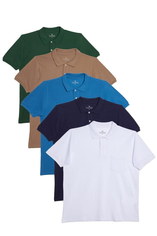 Erkek Regular Fit %100 Pamuk 5'li Yeşil-Kahverengi-İndigo-Beyaz-Lacivert Renk Cepli Polo Yaka Tişört