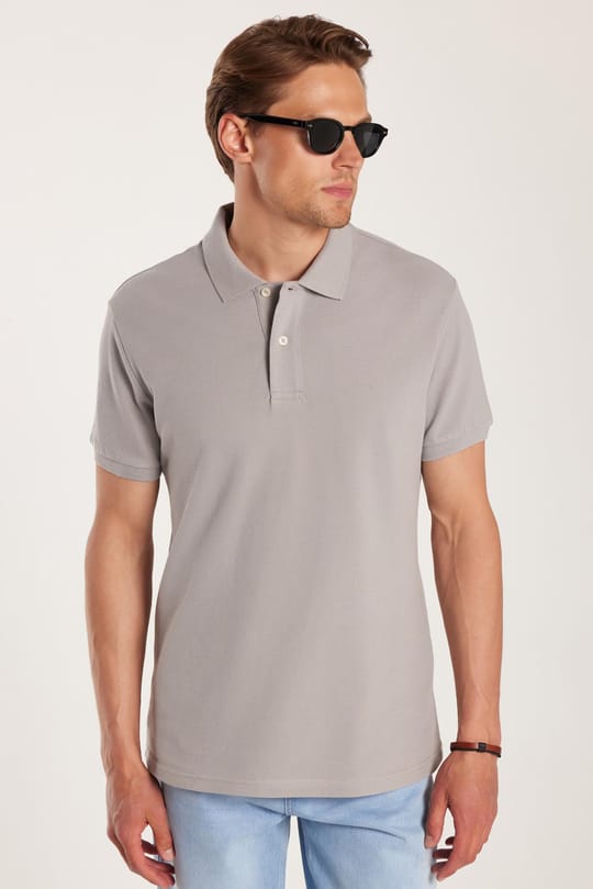 Erkek Slim Fit Dar Kesim %100 Pamuk Gri Polo Yaka Tişört
