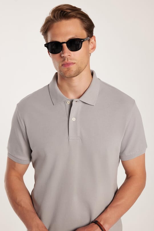 Erkek Slim Fit Dar Kesim %100 Pamuk Gri Polo Yaka Tişört