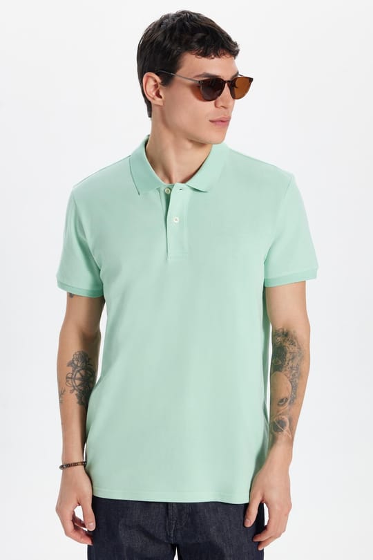 Erkek Slim Fit Dar Kesim %100 Pamuk Yeşil Polo Yaka Tişört