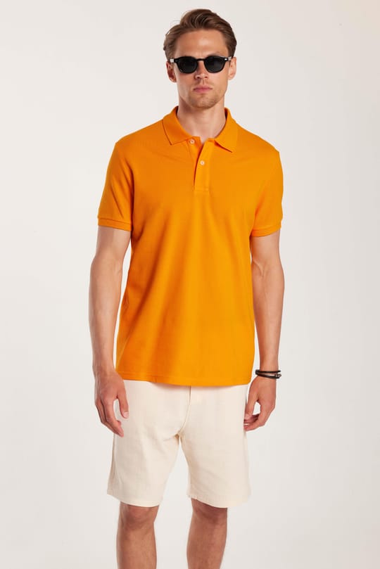 Erkek Slim Fit Dar Kesim %100 Pamuk Turuncu Polo Yaka Tişört
